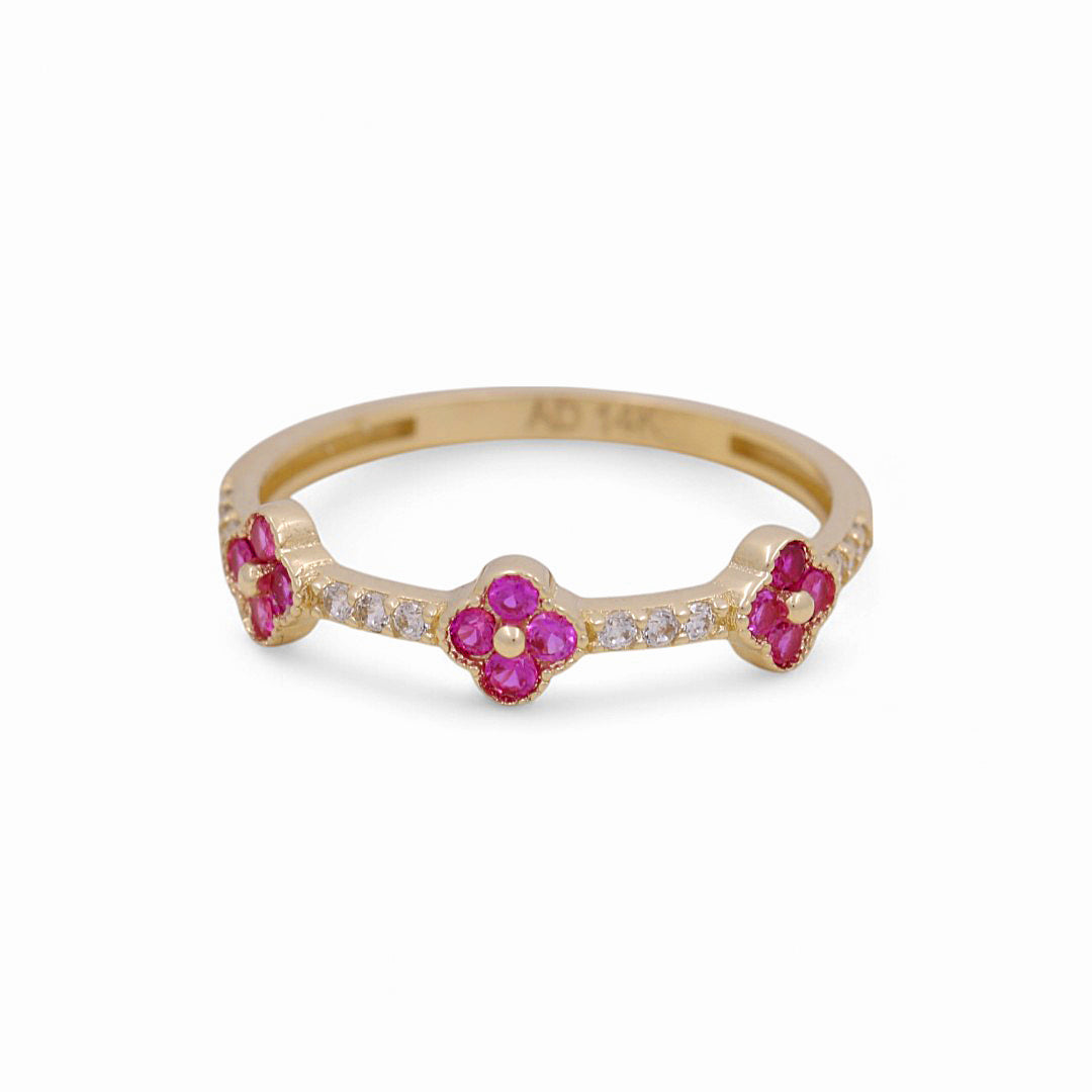 14K Yellow Gold Three Flower Women's Ring with Pink Cz / Size: 7 / Weight: 1.2 GR / Y24-1259