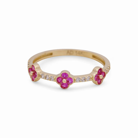 14K Yellow Gold Three Flower Women's Ring with Pink Cz / Size: 7 / Weight: 1.2 GR / Y24-1259