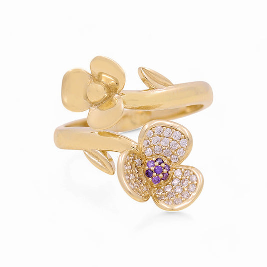 10K Yellow Gold Two Flower Women's Ring with Cz / Size: 7 / Weight: 2.3 GR / Y24-513