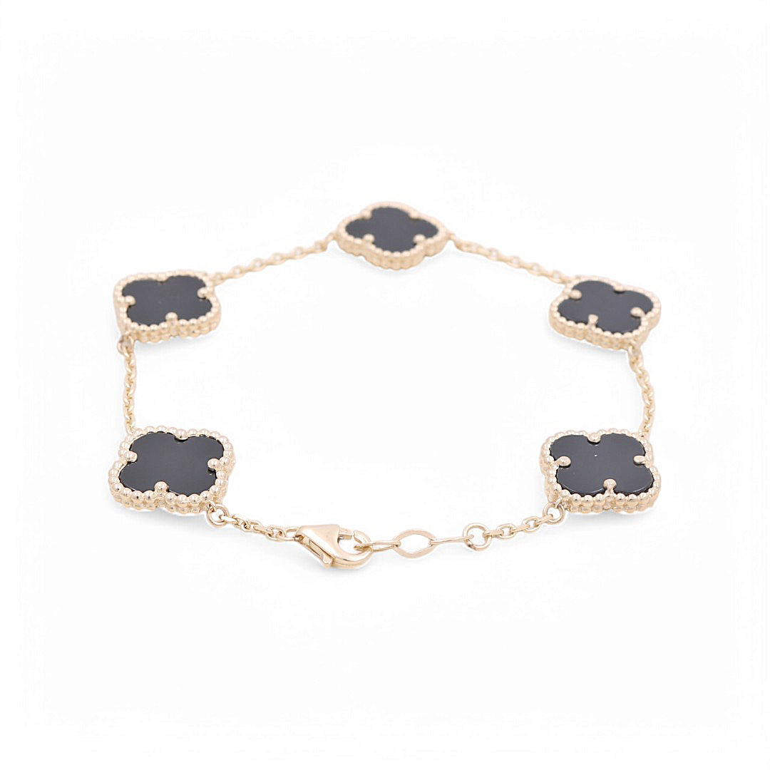 14K Yellow Gold Women's Bracelet with 5 Black Clover / Size: 7" 14MM / Weight: 8.8 GR / BOWB4CLV-6