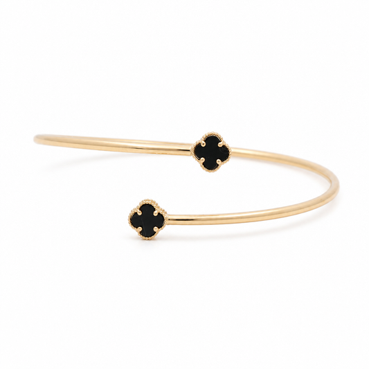 14K Yellow Gold Semisolid Two Black Clovers Bangle Bracelet / Weight: 3.1 GR / DQBB4CLV