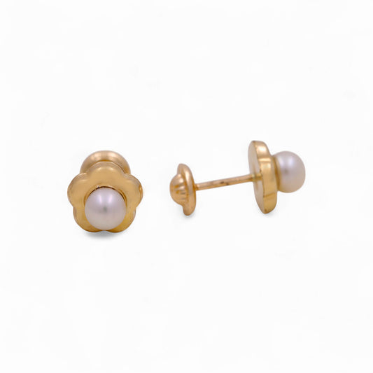 14k Yellow Gold Flower Stud Earrings with Pearl / 6-990801PNF