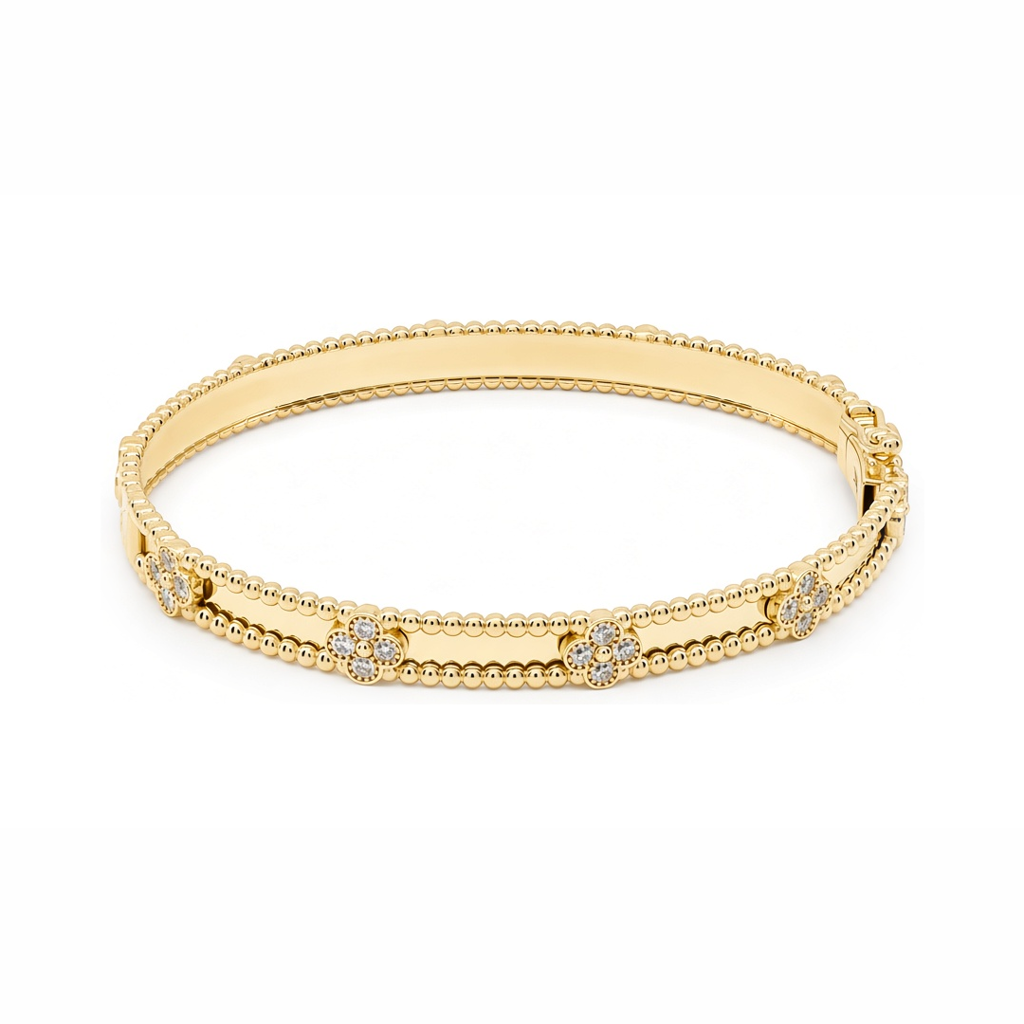 14K Yellow Gold Fashion Clover Women's Bangle Bracelet with Cz / Size: 18" / Weight: 11.8 GR / P61B-518