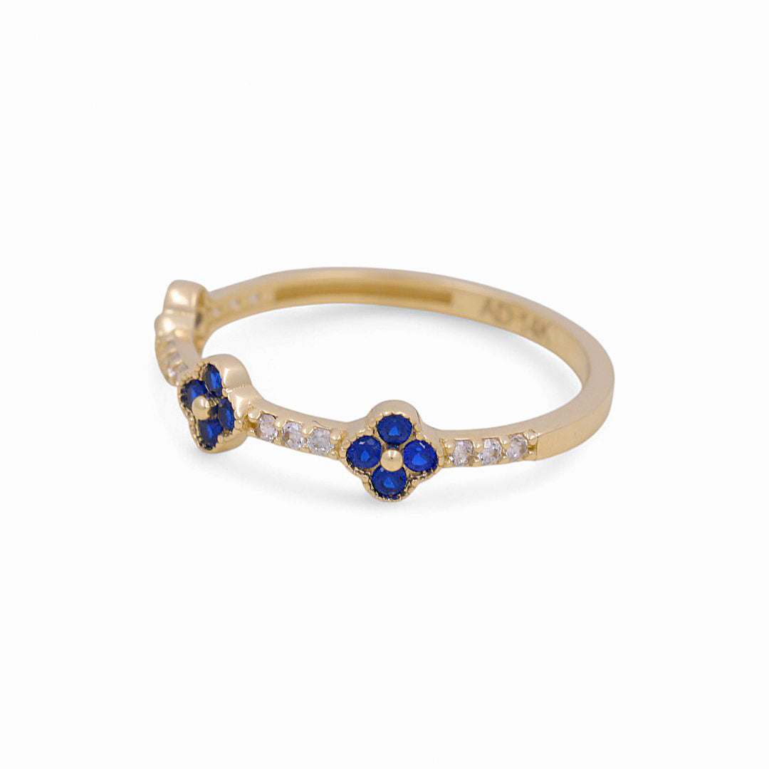 14K Yellow Gold Three Flower Women's Ring with Blue Cz / Size: 7 / Weight: 1.2 GR / Y24-1259