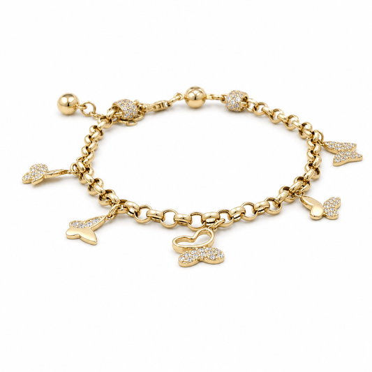 14k Yellow Gold Rolo Link Women's Bracelet with Butterflies and Cz / Size: 7.5" / Weight: 6.9 GR / CCFWB4FS-10