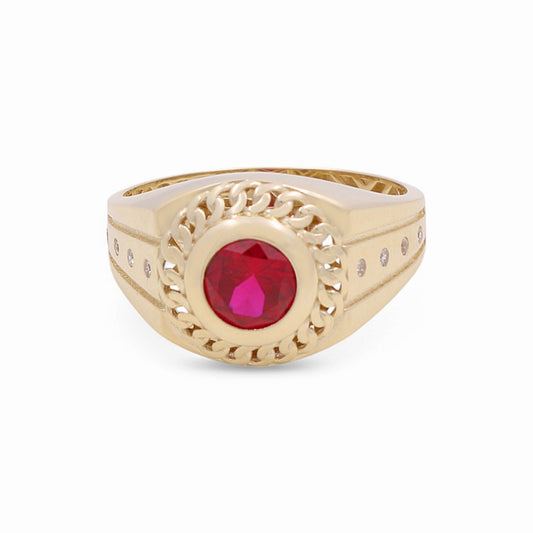10K Yellow Gold Fashion Men's Ring with Red Cz / Size: 11 / Weight: 4.2 GR / DPMR0FS-2