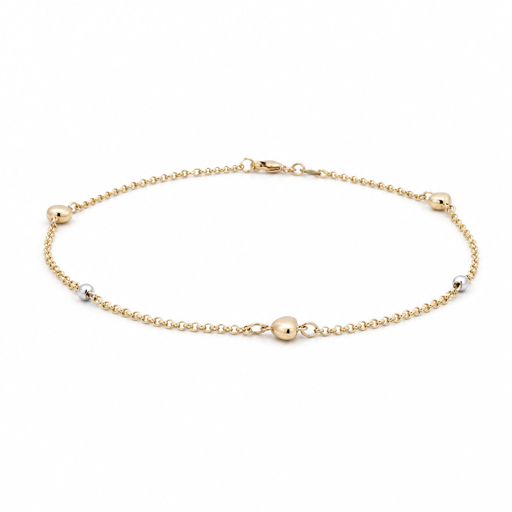14K Yellow and White Gold Women's Heart Anklet Bracelet / Size: 10" / Weight: 2.8 GR / 000-08373