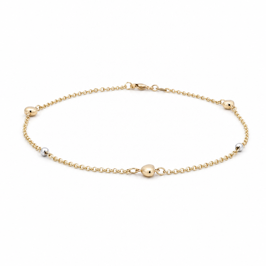 14K Yellow and White Gold Women's Heart Anklet Bracelet / Size: 10" / Weight: 2.8 GR / 000-08373