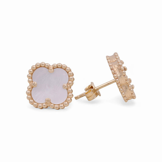 14K Yellow Gold Mother of Pearl Clover Stud Earrings / Size: 10MM / Weight: 1.9 GR / DQES4CLV