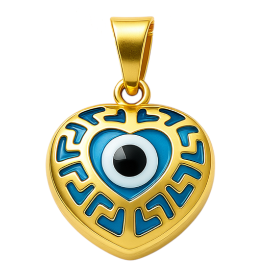 14K Yellow Gold Heart Blue Eye with Greek Pendant / Weight: 1.2 GR / AOPD4EY-5