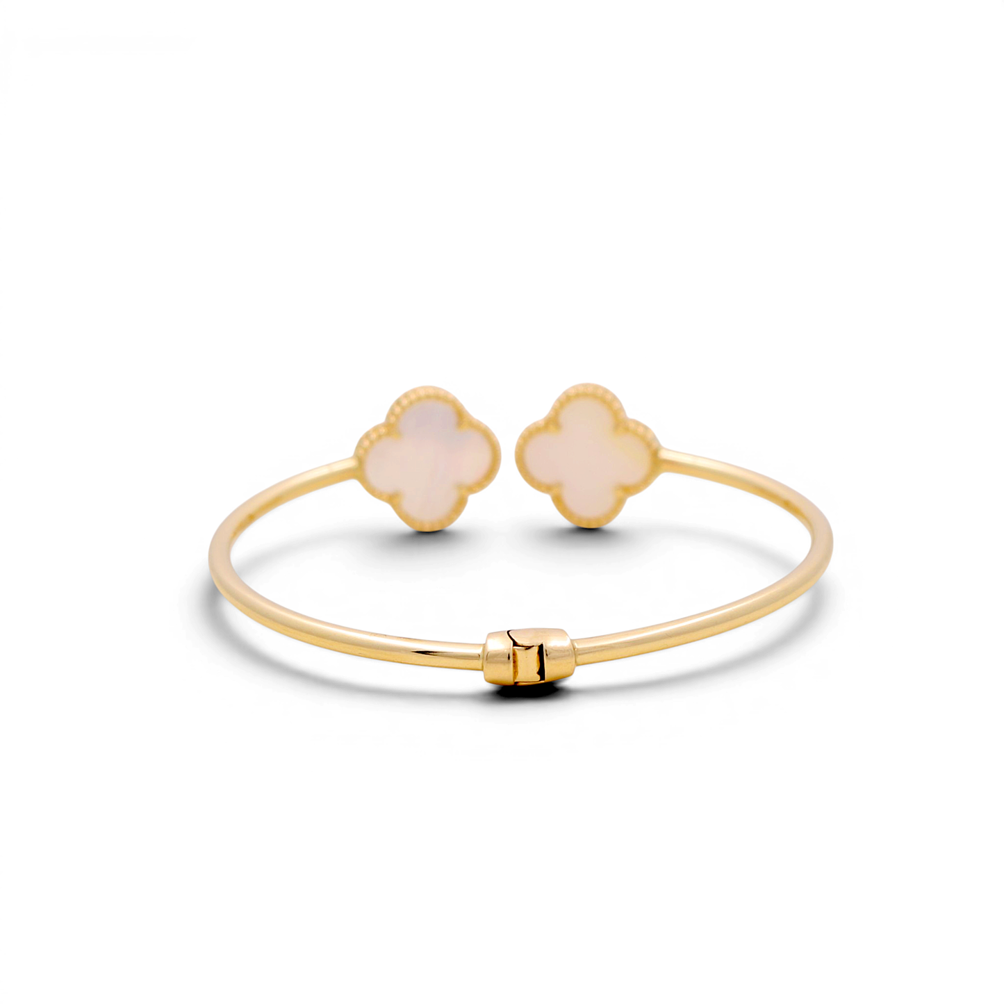 14K Yellow Gold Semisolid Mother of Pearl Two Clover Bangle / Weight: 8.7 GR / COBB4CLV-1