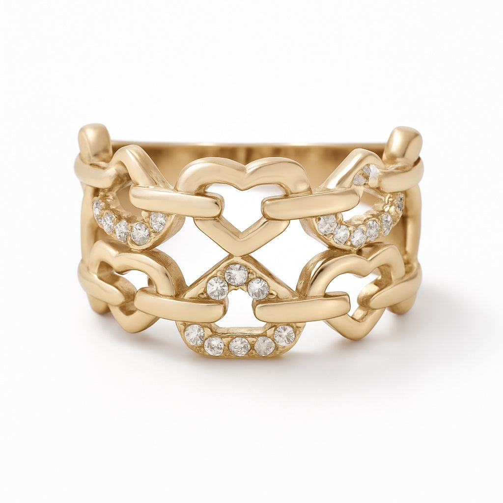 14K Yellow Gold Women's Fashion Hearts Ring with Cz / Size: 7 / Weight: 4.4 GR / DOWR4HR-4