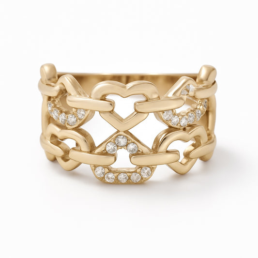 14K Yellow Gold Women's Fashion Hearts Ring with Cz / Size: 7 / Weight: 4.4 GR / DOWR4HR-4