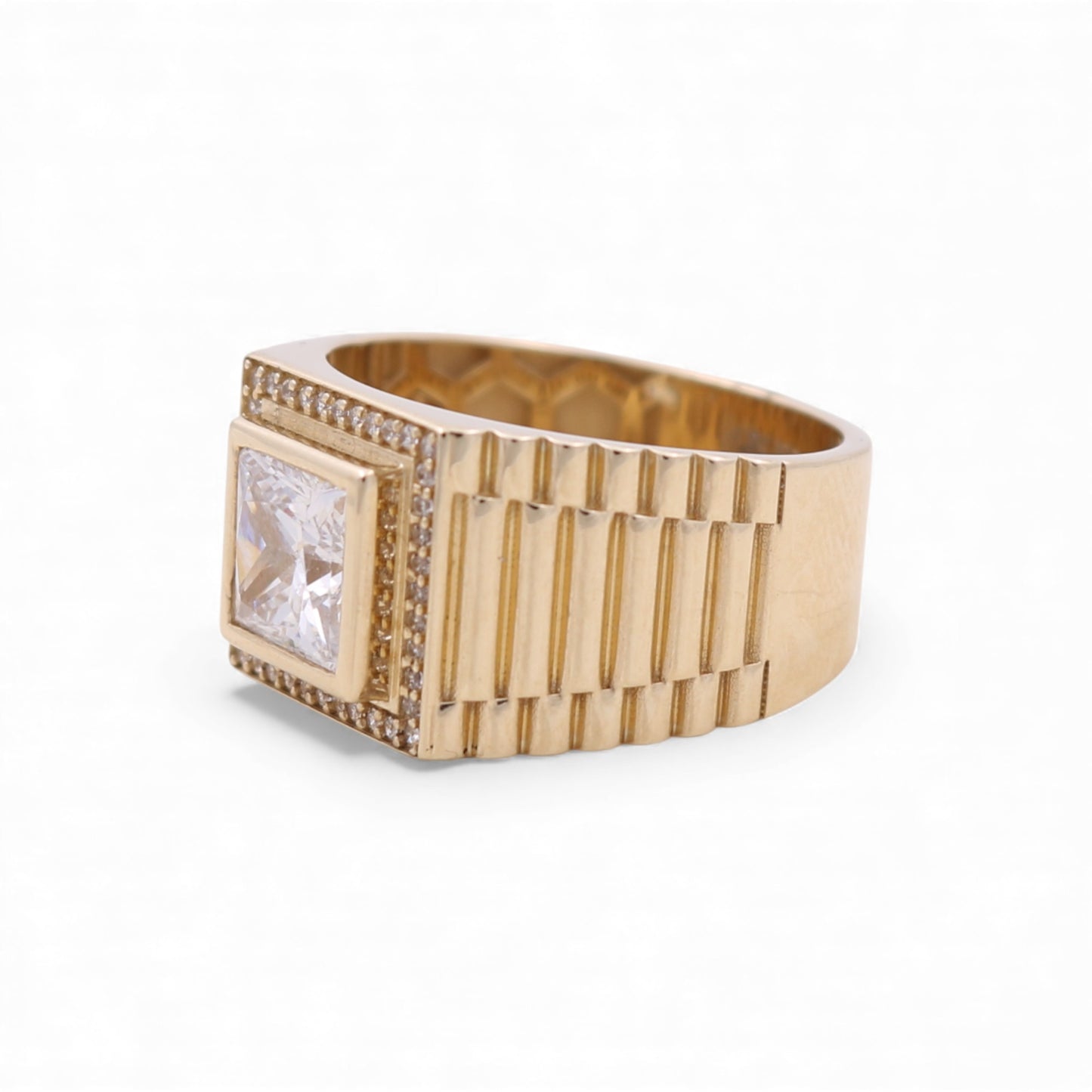 14K Yellow Gold Fashion Square Men's Ring with White Cz / Size 10 / Weight: 9 GR / COMR4FS-74