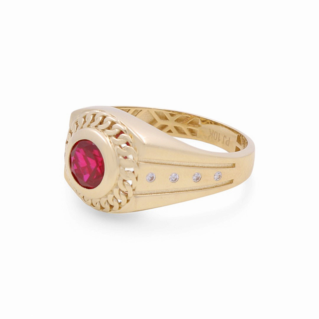 10K Yellow Gold Fashion Men's Ring with Red Cz / Size: 11 / Weight: 4.2 GR / DPMR0FS-2