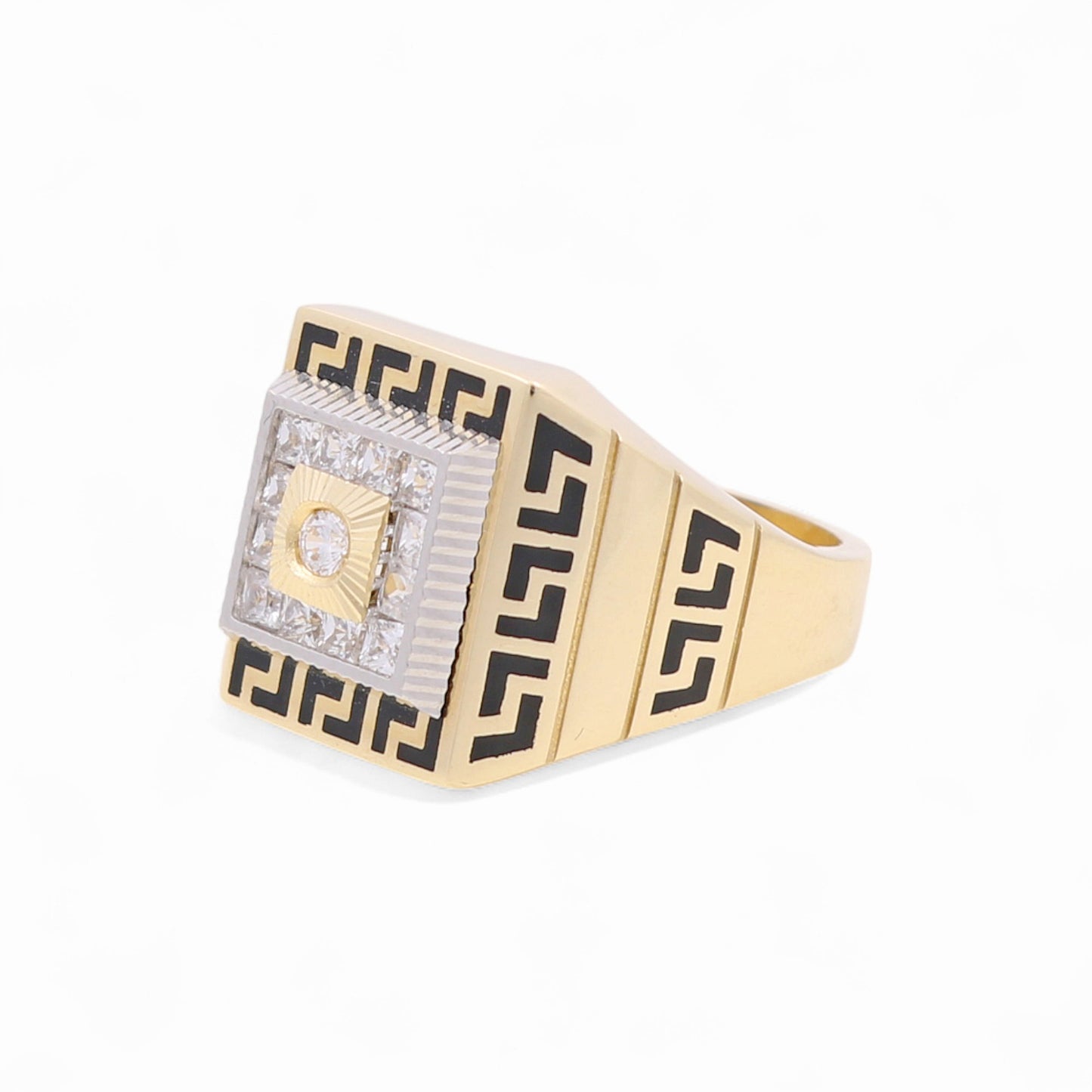 14k Two Square Men's Greek Ring with Black Enamel and Cz / Size 10.5 / Weight 8.8 GR / COMR4SQTTBEGRCZ