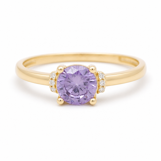 14K Yellow Gold Women's Fashion Ring with Purple Cz Stone / Size: 7.75 / Weight: 1.6 GR / 400-00920
