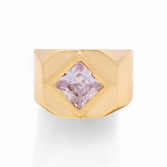14K Yellow Gold Rhombus Men's Ring with White Cz / Size: 10 / Weight: 7.6 GR / BOMR4FS-43
