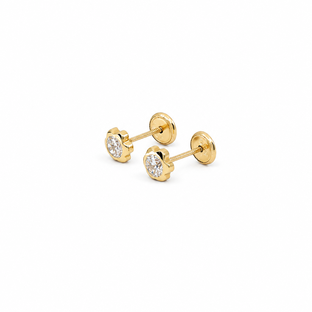 14k Yellow Gold Flower Stud Earrings With Cz / 6-CH-M-4