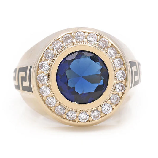 14K Yellow Gold Round Men's Ring with Black Enamel Greek and Blue Cz / Size: 10 / Weight: 9.2 GR / BOMR4FS-8