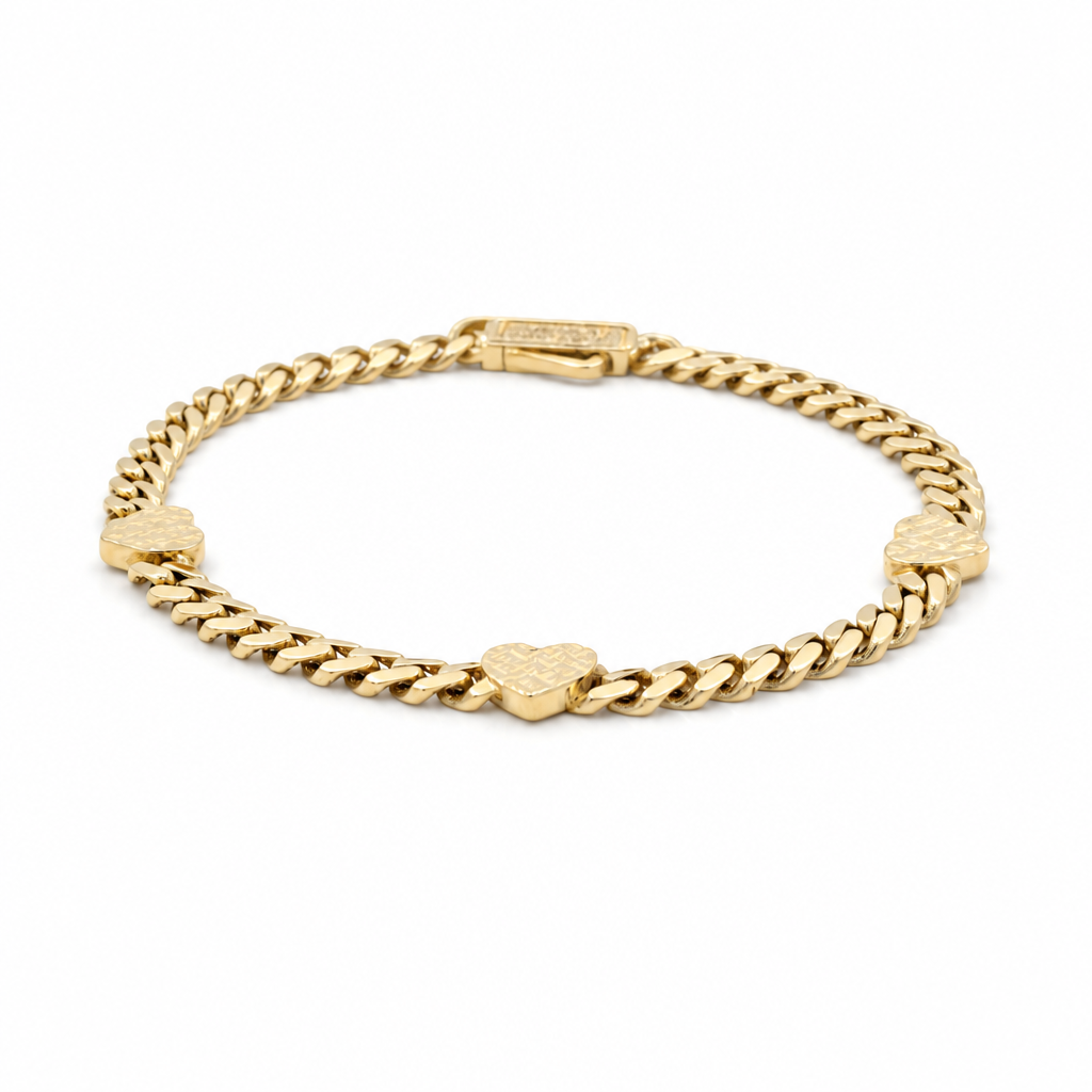 10K TF Yellow Gold Women's Three Diamond Cut Heart Bracelet / Size: 7" / Weight: 4.6 GR / DQWB0HR-7