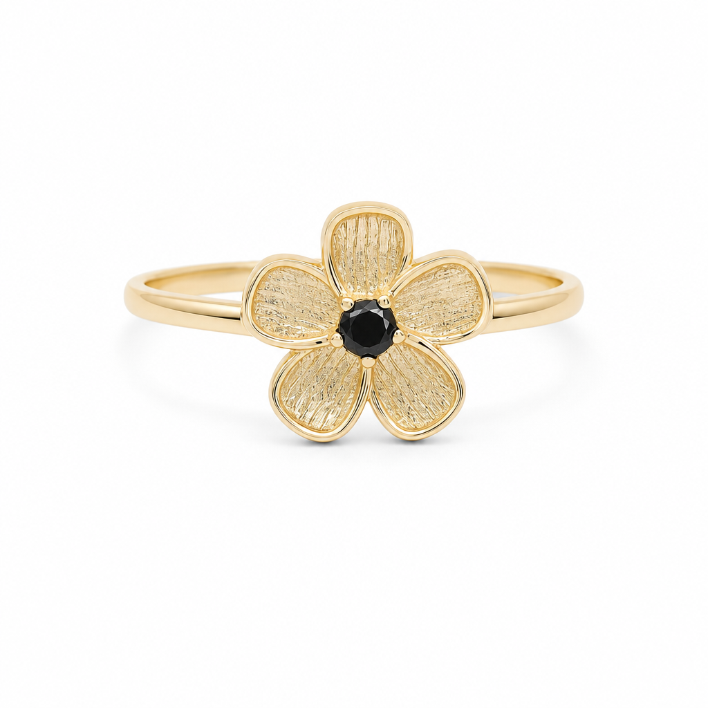 14K Yellow Gold Flower Women's Ring with Black Cz / Size: 7.25 / Weight: 1.7 GR / DQWR4FL-13