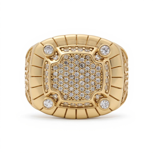 14K Yellow Gold Fashion Men’s Ring with White Stones and Design / Size 11 / Weight: 8 GR / DOMR4FS-15