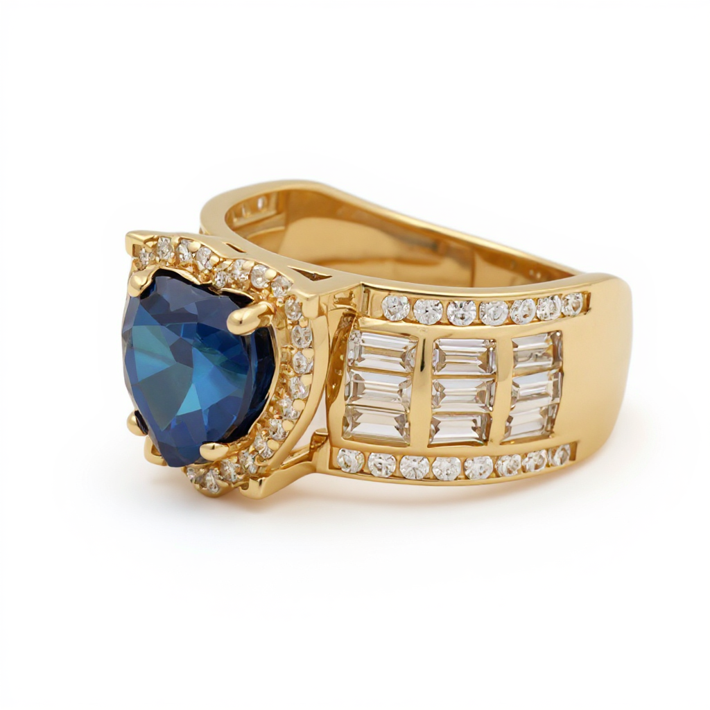 14K Yellow Gold Baguette Heart Women's Ring with Blue and White Cz / Size: 7.5 / Weight: 5.1 GR / BOWR4HR-15