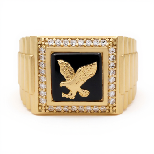 10K Yellow Gold SQ Eagle Men's Ring with Onyx and Cz / Size: 10.5 / Weight: 8.4 GR / CQMR0EG-1