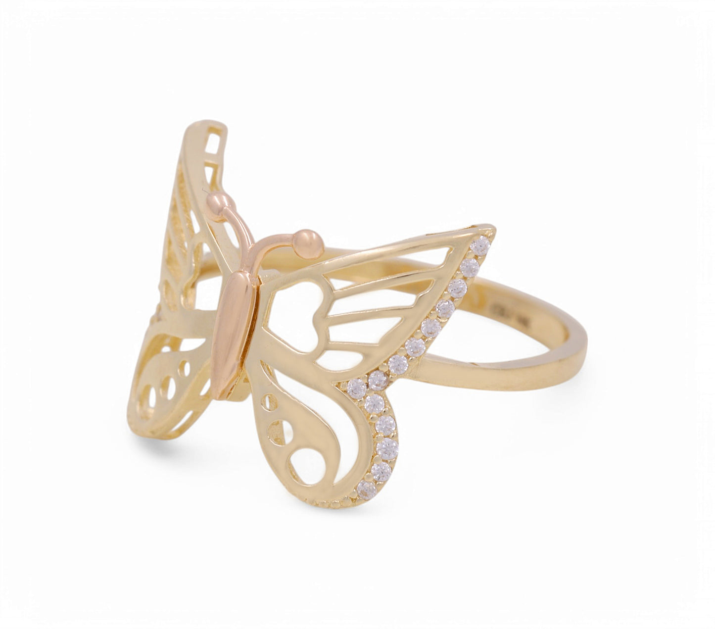 14K Yellow and Rose Gold Butterfly Women's Ring with White Cz / Size: 7.5 / Weight: 2.2 GR / COWRTT4BT-4