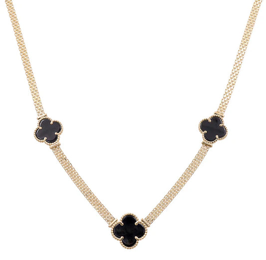 14K Yellow Gold Mesh Necklace with 3 Black Clover /  Size 4MM 18" / Weight 18.3 GR / CONK4MS4-18