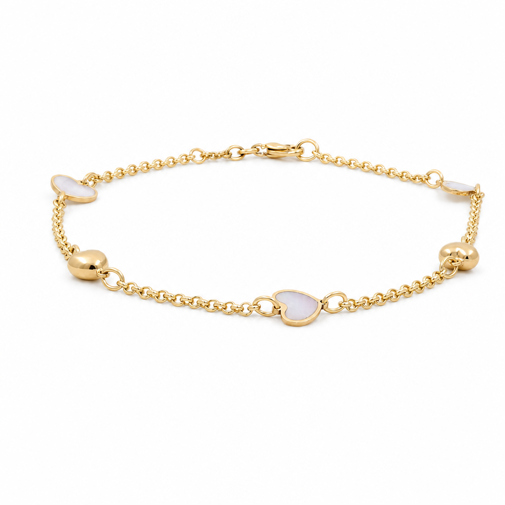 14K Yellow Gold Women's Bracelet With Heart And Mother of Pearl Sone / Size: 7.50" / Weight: 2.4 GR / 000-09502