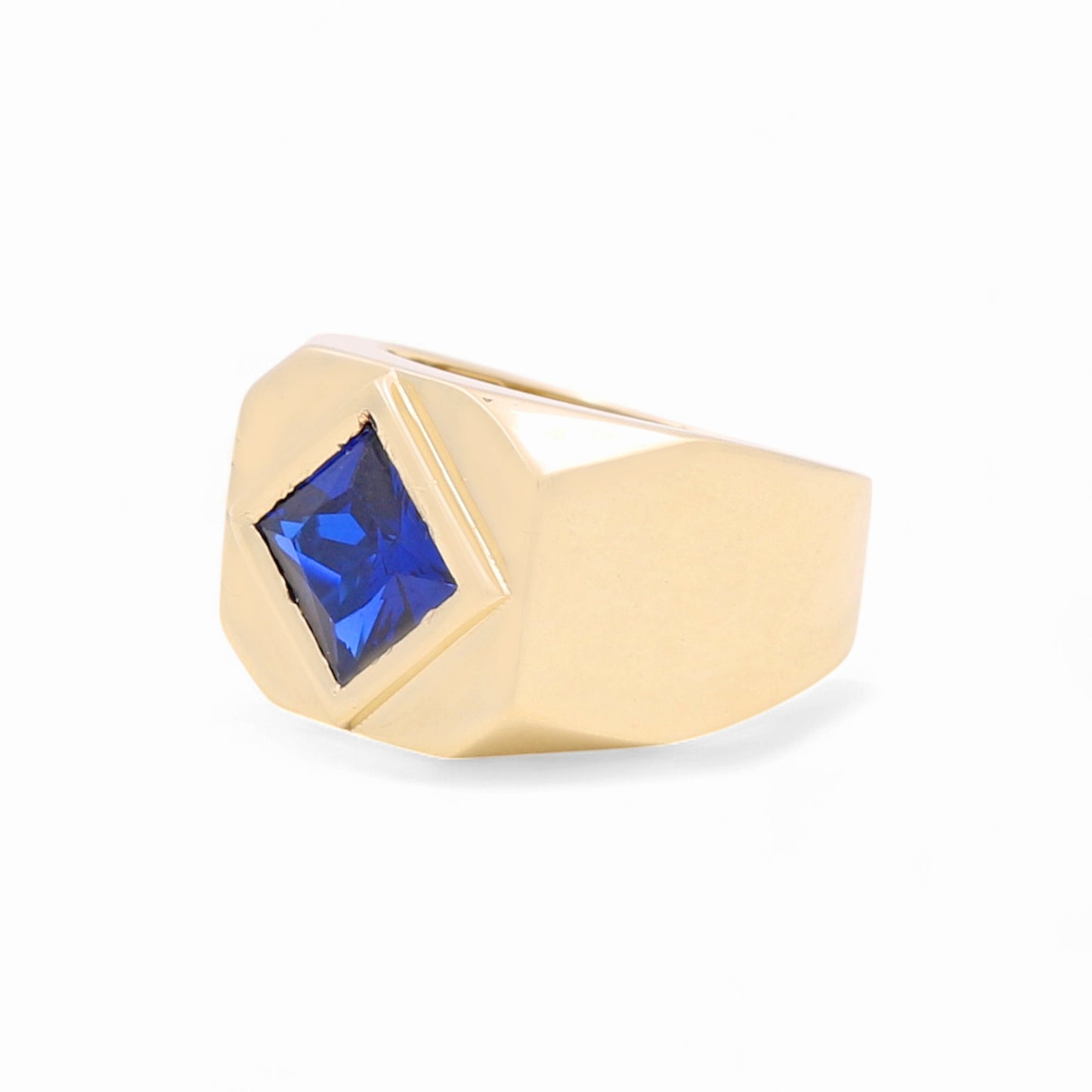 14K Yellow Gold Rhombus Men's Ring with Blue Cz / Size: 10 / Weight: 7.4 GR / BOMR4FS-43