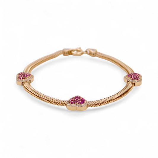 14K Yellow Gold Fashion Link Hearts Women's Bracelet with Pink Cz / Size: 7.5” / Weight: 6.9 GR / DQWB4HR-1