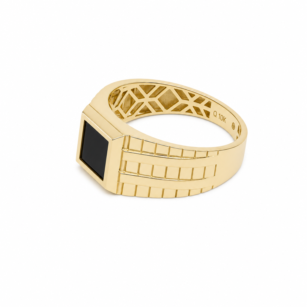10K Yellow Gold Men's SQ Ring with Onyx Stone / Size:10.5 / Weight: 4.1 GR / CQMR0FS-12