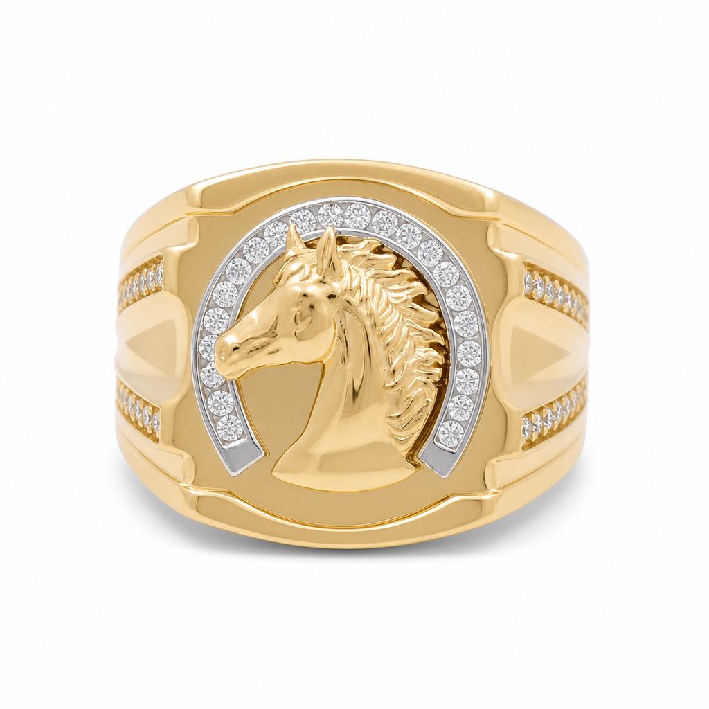 14K I Yellow Gold Men's Horse Ring with Cz Stone / Size: 10 / Weight: 12.8 GR / 711-00289