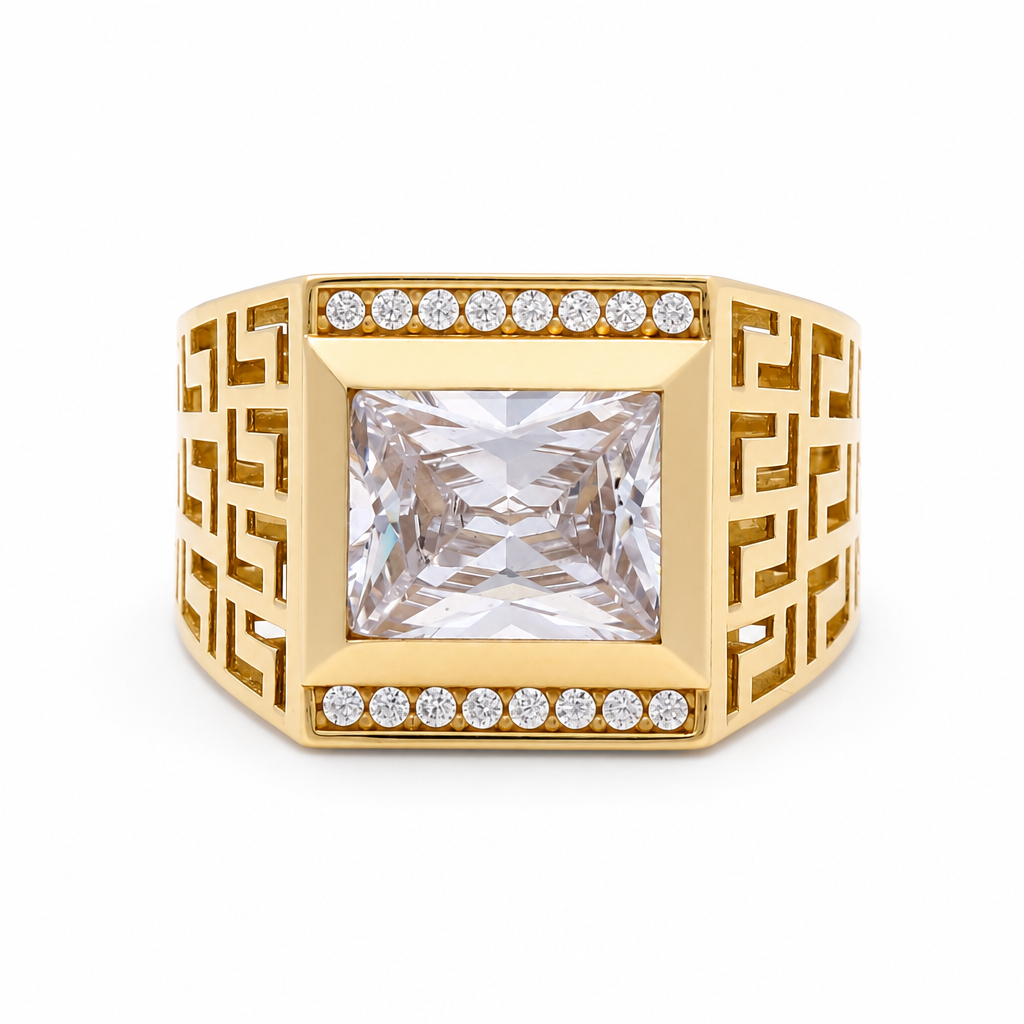 14k Yellow Gold Square Men's Ring with Greek and Cz / Size 10 / Weight 8.1 GR / BOMR4FS-19