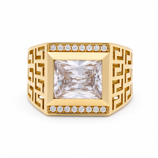 14k Yellow Gold Square Men's Ring with Greek and Cz / Size 10 / Weight 8.1 GR / BOMR4FS-19