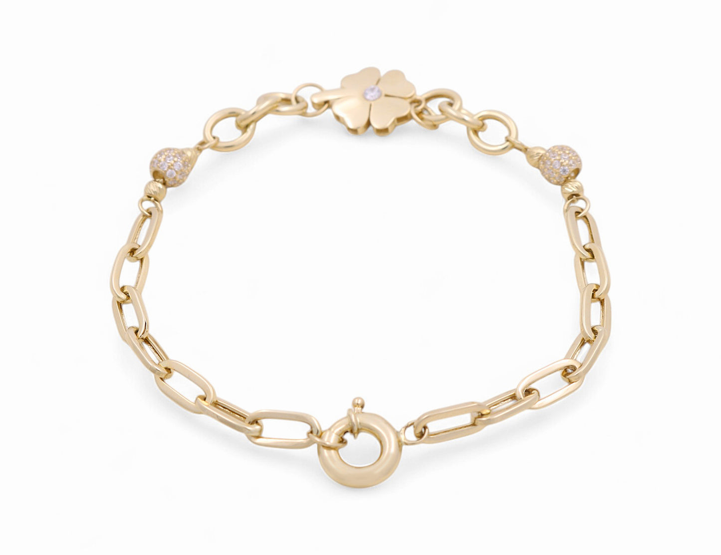 14K Yellow Gold Women's Fashion Clover Bracelet with CZ / Size: 7.5" / Weight: 5.5 GR / P78B-11