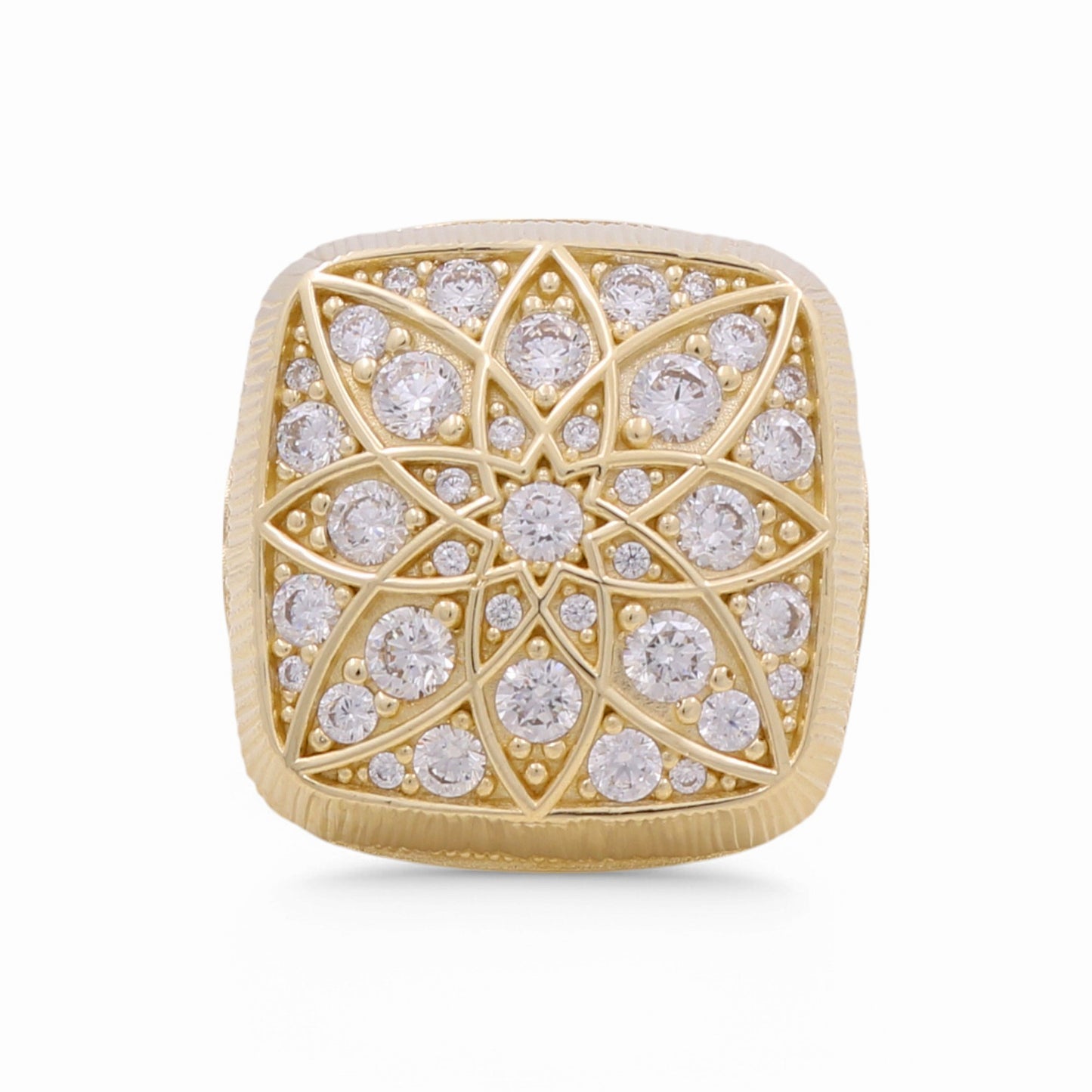 10K Yellow Gold Men’s Ring SQ Rosetta Style White Stones / Size 10.5 / Weight: 14.4 GR / Y24-239