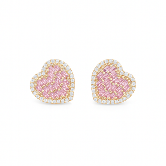 10K Yellow Gold Fashion Heart Baguette Stud Earrings with White and Pink Stones / Weight: 2 GR / CQES0HR-2