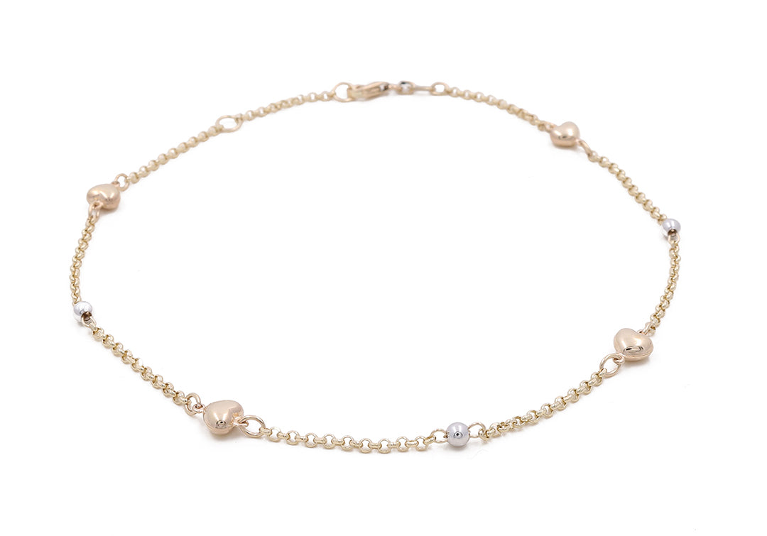 14K Two Tone Gold Heart Ankle Women’s Bracelet / Size: 10.5” / Weight: 3.3 GR / ISABTT4HR