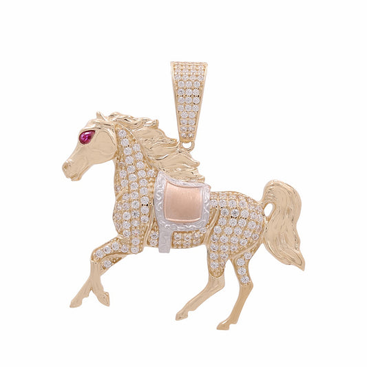 14K Yellow Rose and White Gold Horse Pendant / CZ / Red Stone / COPD3T4HR