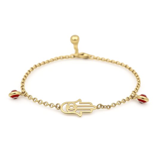 14K Yellow Gold Hand of Fatima Women's Bracelet with Red Eyes / Stone: Cz / Size: 7.5" / Weight: 2.3 GR / COWB4RLMF
