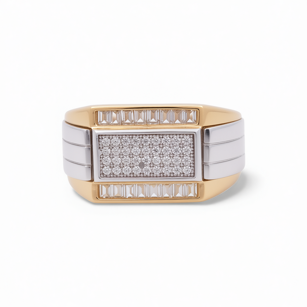 14K Yellow and White Gold Fashion Men's Ring with White Cz / Size: 8 / Weight: 6.7 GR / KEEMRTT4FS-6