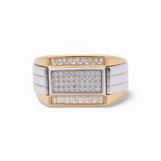 14K Yellow and White Gold Fashion Men's Ring with White Cz / Size: 8 / Weight: 6.7 GR / KEEMRTT4FS-6