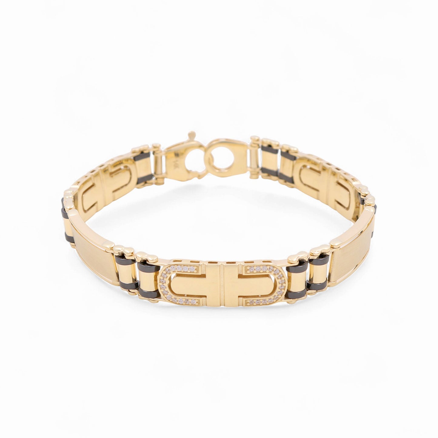 14K Yellow Gold Semisolid Italian Men's Bracelet with Onyx and Cz / Size: 8" / Weight: 20.4 GR / 120-03098