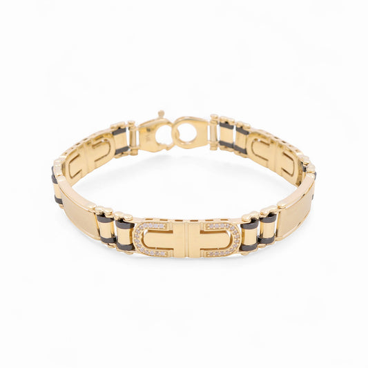 14K Yellow Gold Semisolid Italian Men's Bracelet with Onyx and Cz / Size: 8" / Weight: 20.4 GR / 120-03098