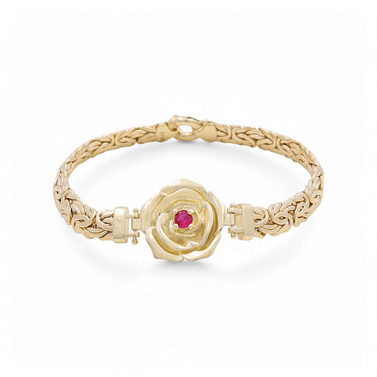 10K Yellow Gold Byzantine Women's Bracelet with Rose and Cz / Size: 7.5" / Weight: 11.3 GR / DPWB0FL