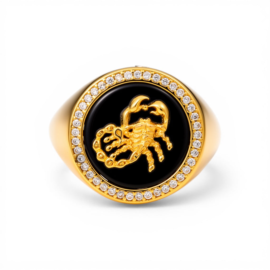 10K Yellow Gold RD Scorpion Men’s Ring with Onyx Stone / Cz / Size 10.5 / Weight: 7.1GR / CQMR0SP